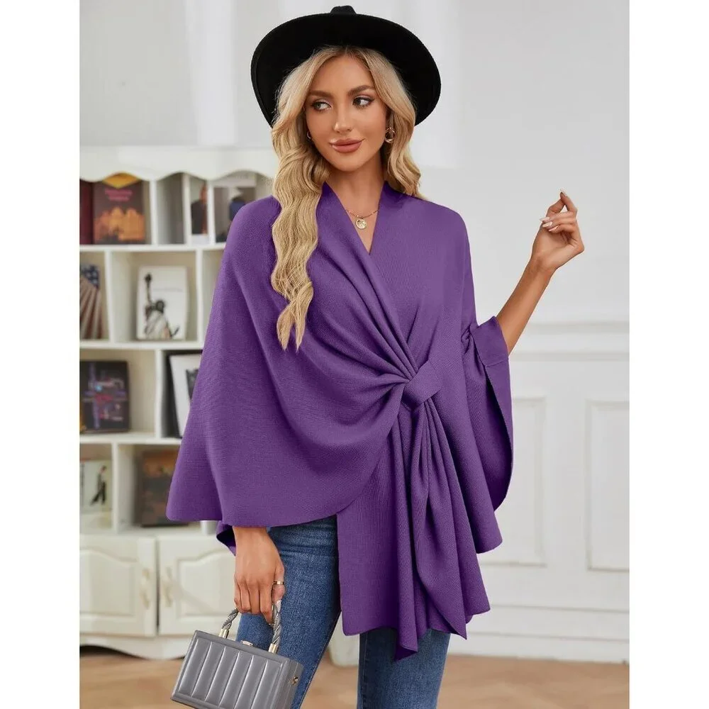 Women's Purple Elegant Open Poncho Sweater For Spring Fall Winter Shawl Wraps